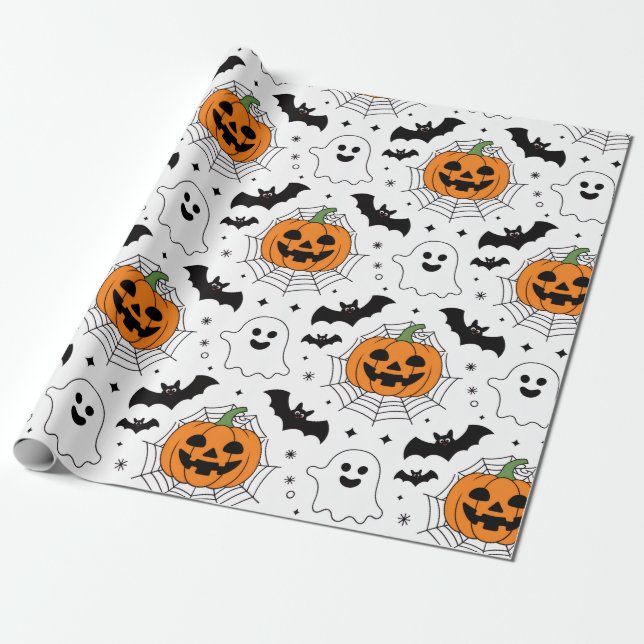 Halloween Spooky Pumpkin Bats Ghost Pattern Geschenkpapier (Ungerollt)