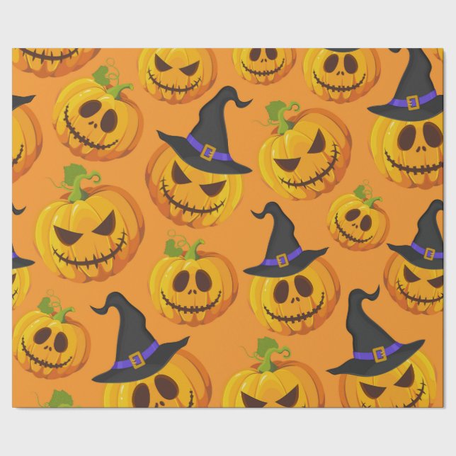 Halloween Spooky Pumpkin-Hexenhut-Orangenmuster Geschenkpapier (Saum)