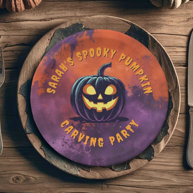 Halloween Spooky Pumpkin Party Paper Teller (Spooky Pumpkin Carving Party Paper plate just for you. Add you party details)