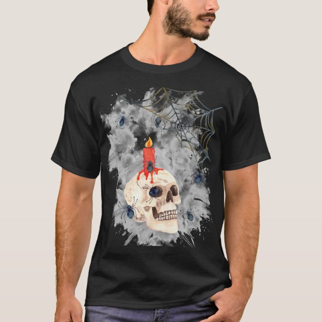 Halloween Spooky Skull, Candle, Spiders & Webs T-Shirt (Vorderseite)