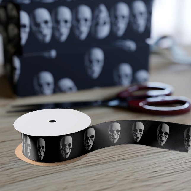 Halloween Spooky Skull Pattern Schwarz Satinband (A spooky skull pattern ribbon for the times you need some)