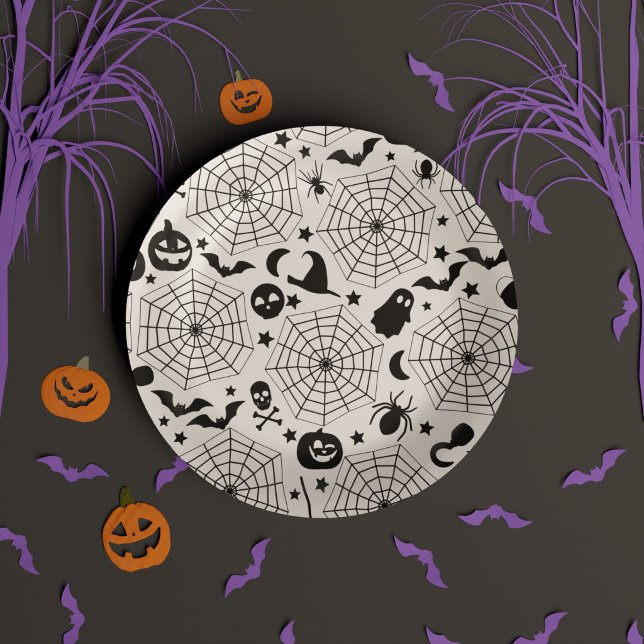 Halloween Spooky Spidernetze Pappteller (Black & White Spooky October Kids Halloween Party Paper Plates)