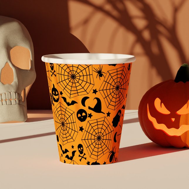 Halloween Spooky Spiderweborange Pappbecher (Spooky Black and Orange Halloween Birthday Party Paper Cups)