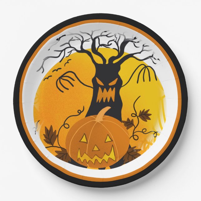 Halloween Spooky Tree Jack o'Lantern Pappteller (Vorderseite)