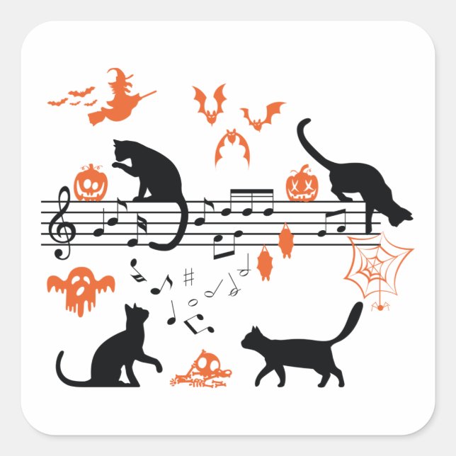 Halloween Spooky und Beängstigende Katzen Musiknot Quadratischer Aufkleber (Vorderseite)