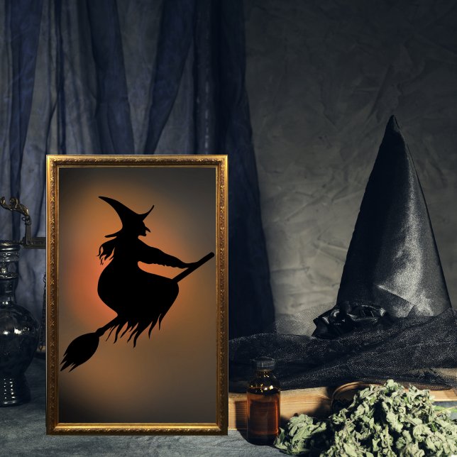 Halloween Spooky Witz Broom Poster (Spooky flying Witch on her broomstick wall art print.)