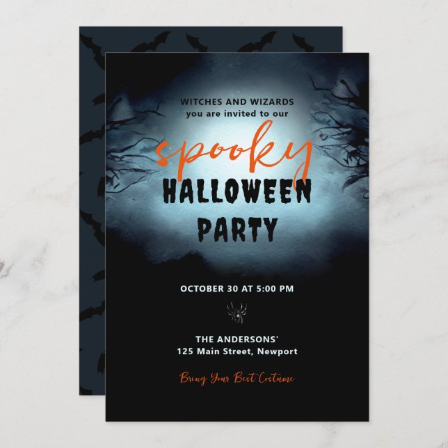 Halloween Spooky Zuhause Party Dunkler Nachtwald Einladung (Vorne/Hinten)