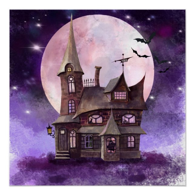 Halloween Spuk Haus mit Mond- und Flechtmauer Art Poster (Vorderseite)