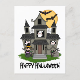 Halloween Spuk Haus und kleine Hexe weiß Postkarte