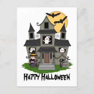 Halloween Spuk Haus und kleine Hexe weiß Postkarte