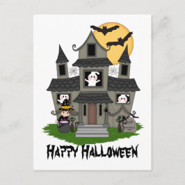 Halloween Spuk Haus und kleine Hexe weiß Postkarte