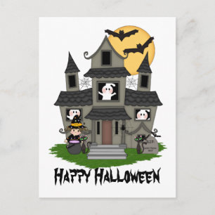 Halloween Spuk Haus und kleine Hexe weiß Postkarte