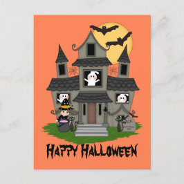 Halloween Spuk Haus und kleine Hexenorange Postkarte