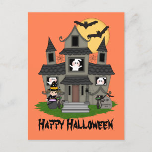 Halloween Spuk Haus und kleine Hexenorange Postkarte