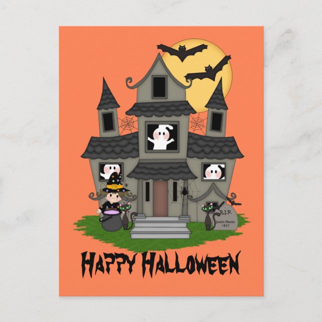 Halloween Spuk Haus und kleine Hexenorange Postkarte (Vorderseite)