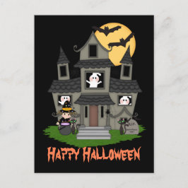 Halloween Spuk Haus und kleine Hexenschwarz Postkarte