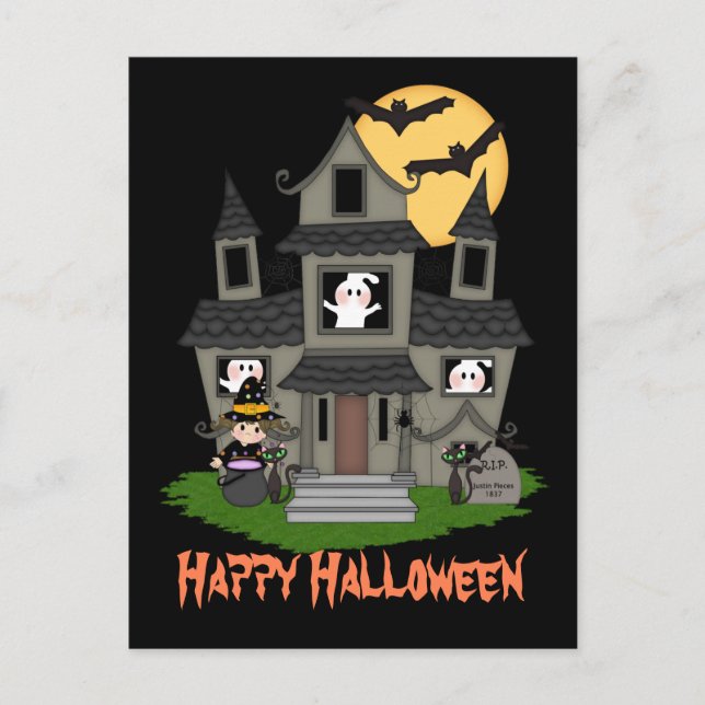 Halloween Spuk Haus und kleine Hexenschwarz Postkarte (Vorderseite)
