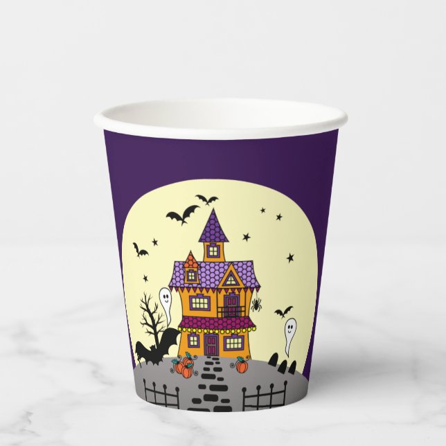 Halloween Spuk House Black Bat Full Moon Ghost Pappbecher (Vorderseite)