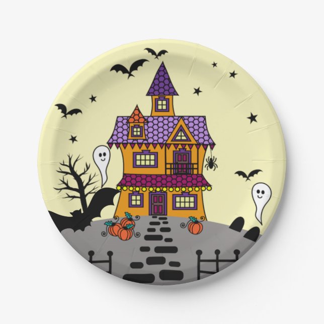 Halloween Spuk House Black Bat Full Moon Ghost Pappteller (Vorderseite)