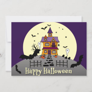 Halloween Spuk House Black Bat Full Moon Lila Einladung