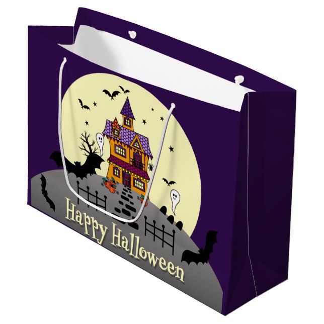 Halloween Spuk House Black Bat Full Moon Lila Große Geschenktüte (Vorderseite Schrägansicht)