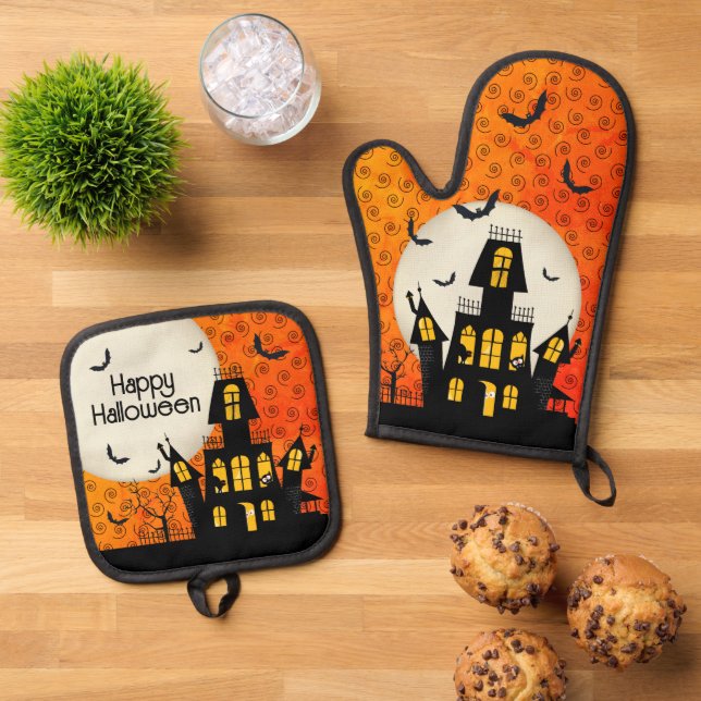 Halloween Spuk House Full Moon Bats Cat Ofenhandschuh & Topflappen-Set (Oben Unten)