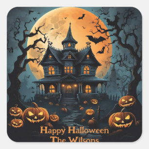 Halloween Spuk House mit Creepy Pumpkins Quadratischer Aufkleber