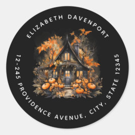 Halloween Spuk House mit Pumpkins-Adresse Runder Aufkleber
