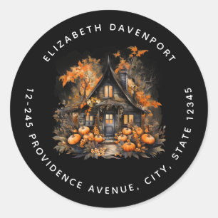 Halloween Spuk House mit Pumpkins-Adresse Runder Aufkleber