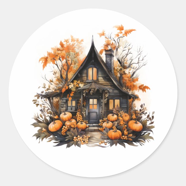 Halloween Spuk House mit Pumpkins & Foliage Runder Aufkleber (Vorderseite)