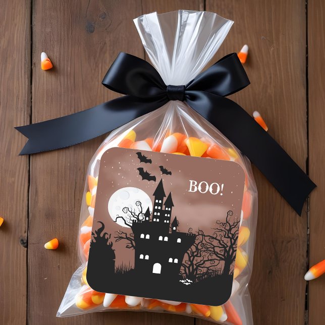 Halloween Spuk House Quadratischer Aufkleber (BOO! Happy Halloween Haunted Castle Stickers)