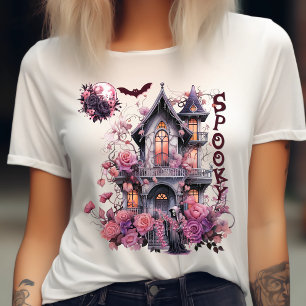 Halloween-Spuk House-Rose, gespitzt-Retro-Rosa T-Shirt