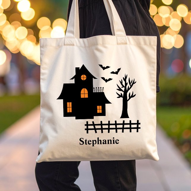 Halloween Spuk House Silhouette und Name Tragetasche (Disclaimer: This image is a digital mockup.)