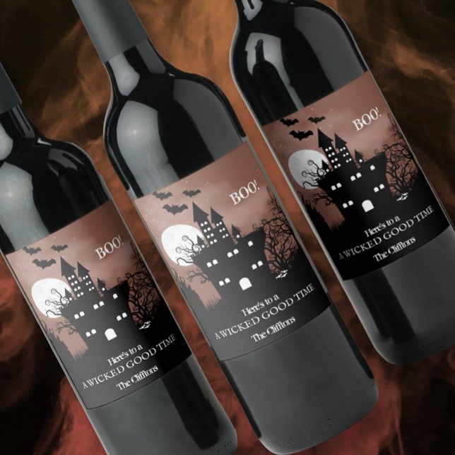 Halloween Spuk House Weinetikett (Set of 6 personalized Halloween wine bottle labels.)
