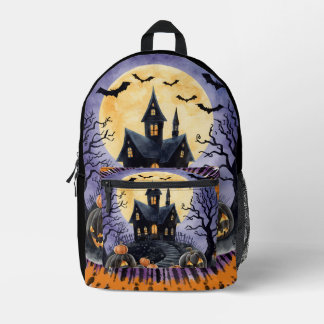 Halloween,Spukhaus, Gruselige Kürbisse,Fledermäuse Bedruckter Rucksack