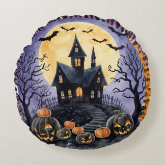 Halloween,Spukhaus, Gruselige Kürbisse,Fledermäuse Rundes Kissen