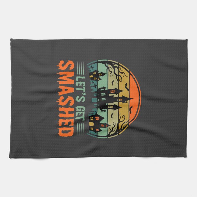 Halloween Spukhaus Lasst Uns Zerstört Retro Geschirrtuch (Horizontal)