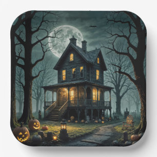 Halloween Spukhaus mit Kürbislaternen Pappteller