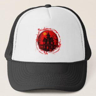HALLOWEEN SPUKHAUS ROT SCHWARZE SILHOUETTE TRUCKERKAPPE