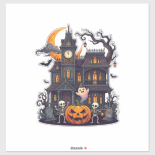 Halloween Spukhaus Skelette Kürbis Geist Halbmond Aufkleber