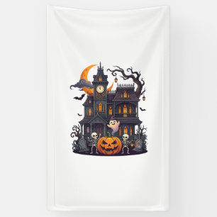 Halloween Spukhaus Skelette Kürbis Geist Halbmond Banner