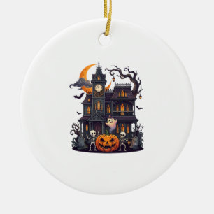 Halloween Spukhaus Skelette Kürbis Geist Halbmond Keramik Ornament