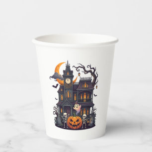 Halloween Spukhaus Skelette Kürbis Geist Halbmond Pappbecher