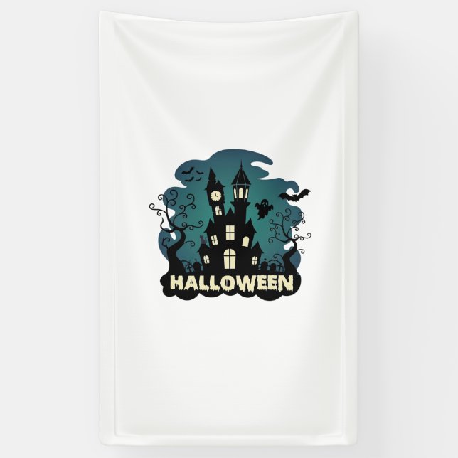 Halloween Spukhaus Uhrturm Fledermäuse Geist_1 Banner (Vertikal)
