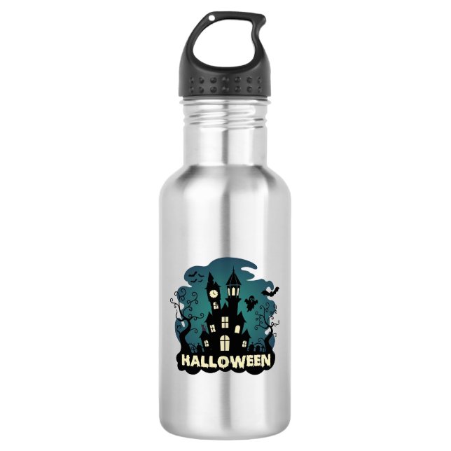 Halloween Spukhaus Uhrturm Fledermäuse Geist_1 Edelstahlflasche (Vorderseite)