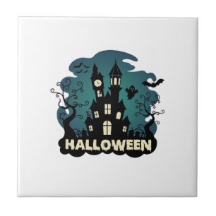 Halloween Spukhaus Uhrturm Fledermäuse Geist_1 Fliese