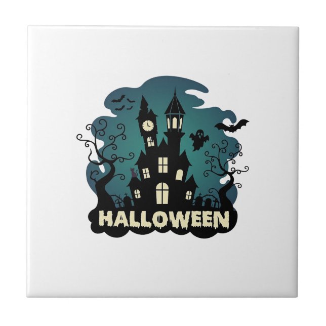 Halloween Spukhaus Uhrturm Fledermäuse Geist_1 Fliese (Vorderseite)
