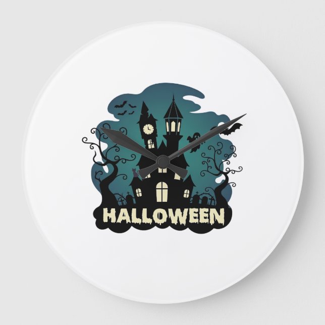Halloween Spukhaus Uhrturm Fledermäuse Geist_1 Große Wanduhr (Vorderseite)