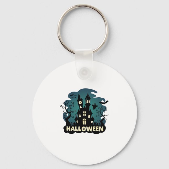 Halloween Spukhaus Uhrturm Fledermäuse Geist_1 Schlüsselanhänger (Vorderseite)