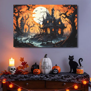 Halloween Spukvilla bei bernsteinfarbenem Dämmerli Leinwanddruck